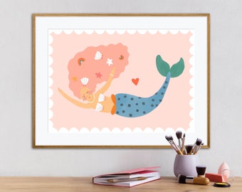 Stampa artistica di sirena: decorazione colorata per la cameretta dei bambini