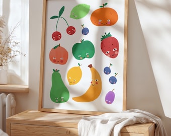 May include: A framed print featuring a colorful illustration of various fruits and vegetables with smiling faces. The print includes a lemon, orange, strawberry, apple, pear, banana, plum, and blueberries.