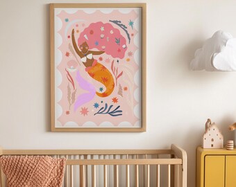 Orange Tail Mermaid Portrait Art Print: Colorful Kids Room Decor