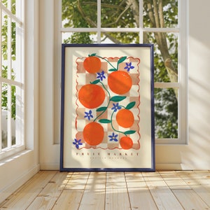 Mercado de frutas naranja, dibujo de naranja dibujado a mano, impresión artística de frutas, impresión artística maximalista, decoración colorida del hogar, decoración rosa del hogar, impresión
