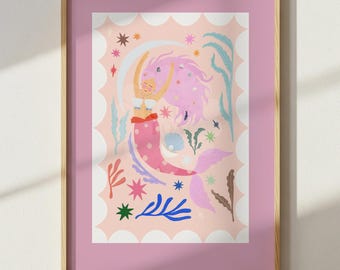 Mermaid with Pink Tail,  Art Print: Colorful Kids Room Decor