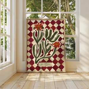 Melot Botanical House, arte peculiar dibujado a mano en rojo, flores marrones, arte colorido, impresión artística de colores brillantes, impresión de arte moderno, pared de galería,