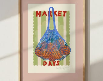 Hand Drawn Market Days Art Oranges Print: Colourful Fruit Market Decor, Vegetable, Stripes,