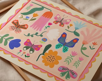 Butterfly Flower Landscape Print: KateFoxDesign Nursery Art