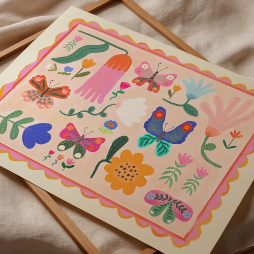 Butterfly Flower Landscape Print: KateFoxDesign Nursery Art