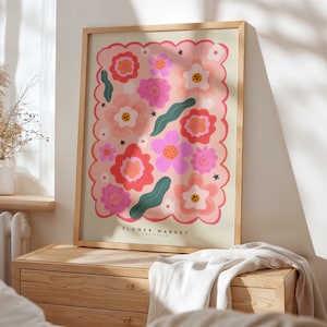 Marché aux fleurs, dessin de fleurs abstrait dessiné à la main, impression d'art floral, impression d'art maximaliste, décoration d'intérieur colorée, décoration d'intérieur rose, art floral