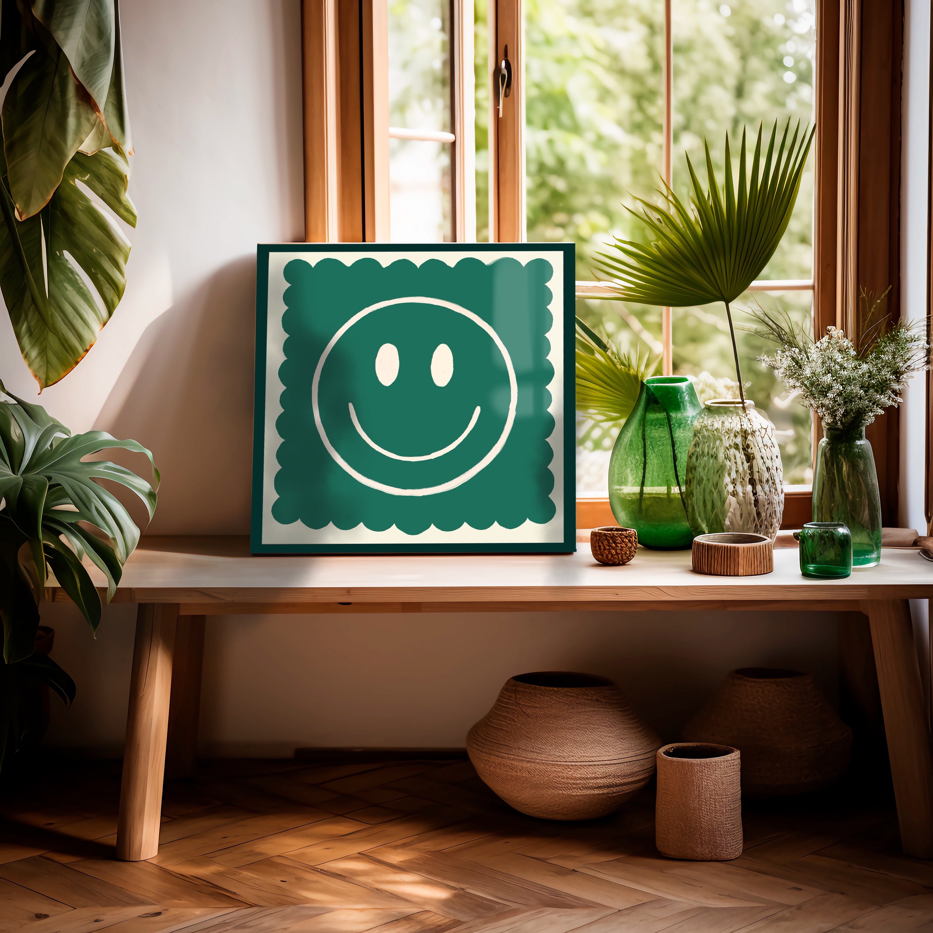Green Smiley Face Art Print: Dopamine Decor, Maximalist Wall Art