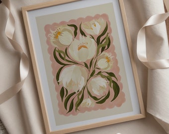 Weiße Pfingstrose, bunte, schrullige handgezeichnete Kunst, Pfingstrosen, bunte Kunst, heller bunter Kunstdruck, moderner Kunstdruck, Galeriewand, Badezimmer,