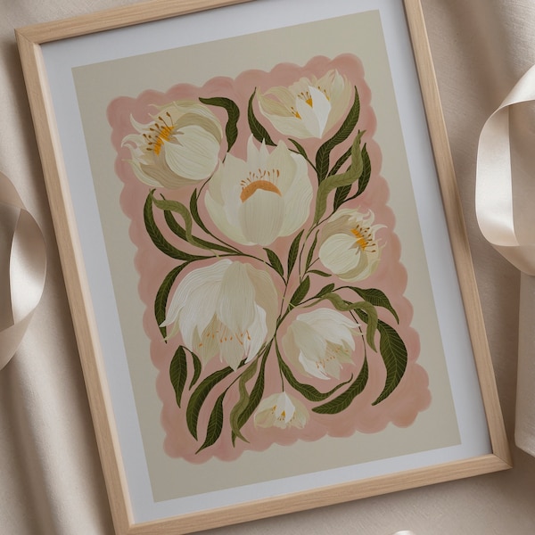 Lámina artística de peonía blanca: decoración de pared con flores coloridas dibujadas a mano