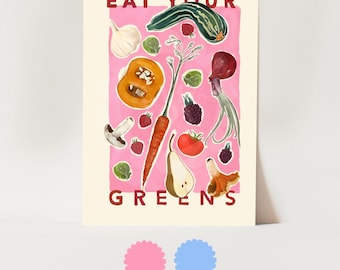 EAT YOUR GREENS! Art Print, Kitchen, Colourful, Floral, Illustration, vegetables, Gift