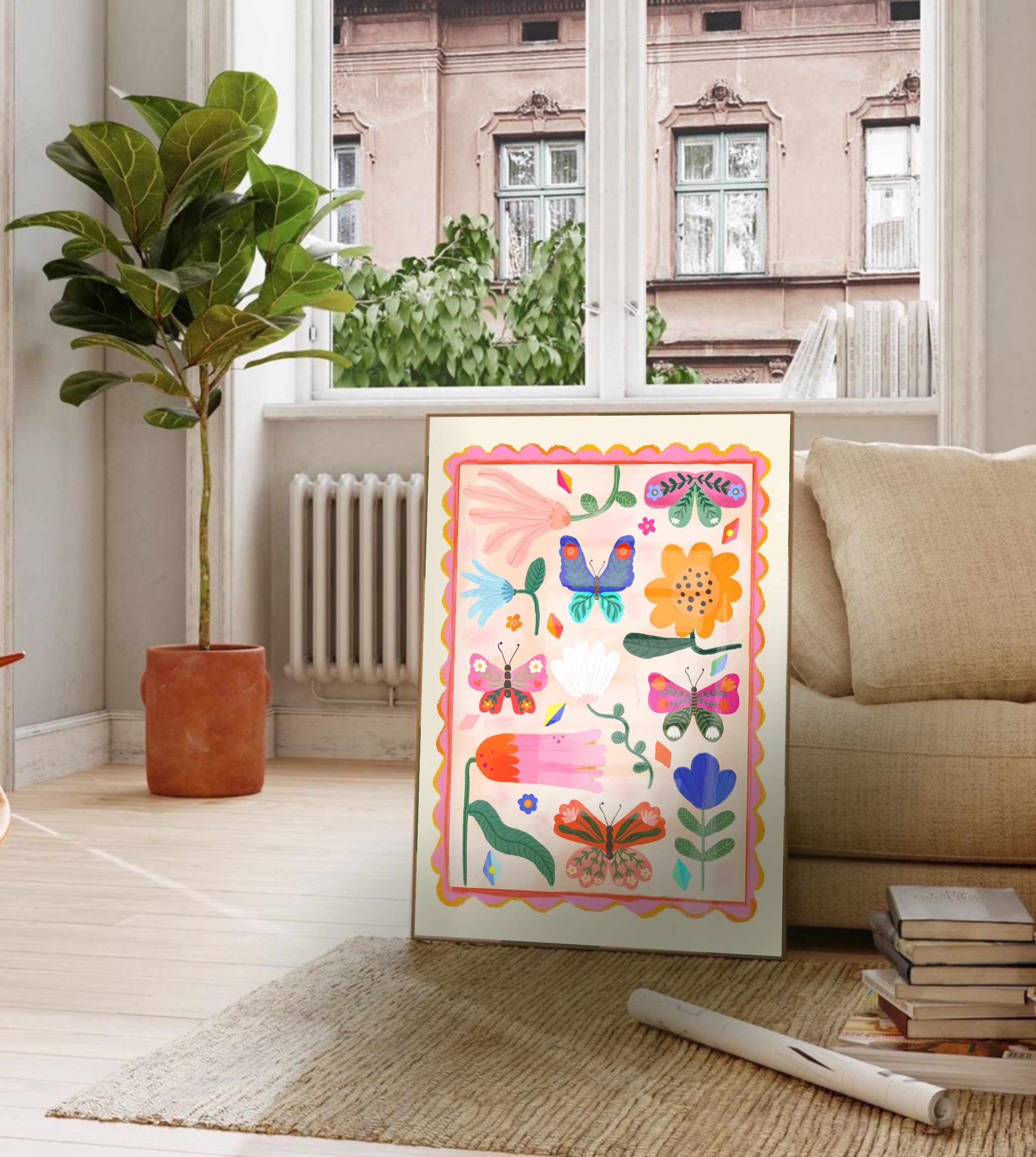 Butterflies and Flowers Print / Flower illustration / Eco / Nursery Art / Kids Room / Art / Print / kids / Flowers / Colour Pop