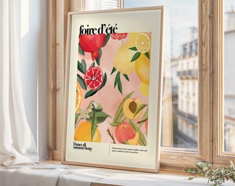 May include: A pink poster with the text "foire d'été" in black. The poster features a colorful illustration of fruit, including pomegranates, lemons, peaches, and oranges. The text "Dance all summerlong" is at the bottom of the poster.
