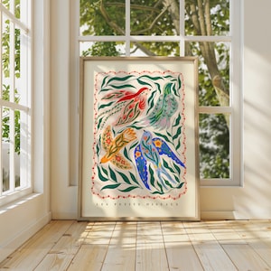 Pajaritos / Ilustración de aves / Botánico / Arte infantil / Arte mural ecléctico / Arte mural / Impresión / Niños / Flores / Color pop / Brillante
