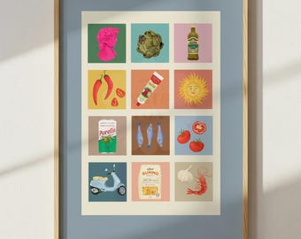 Italian Summer Art Print: Colourful Handrawn Illustration, Bedroom, Kitchen, Hallway, Colourful