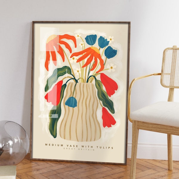 Tulip Vase, Hand Drawn Abstract Flower Drawing, Floral Art Print, Maximalist Art Print, Colourful Home Decor, cool Home Decor, Floral