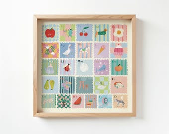 Kids Square Alphabet Print, A-Z, Pastel, Kids, Wall Art