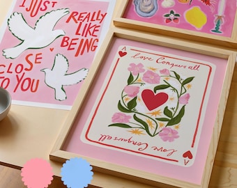 Love Conquers All, Art Print, Valentines, Marriage, Kitchen, Colourful, Floral, Botanical, Flowers, Card