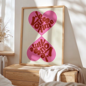 I Love You in French / Je Vous Aime / Valentines Print / Typography / Bright Print / Quote Print  / Wall Art / Quirky / Pink and Red Print /