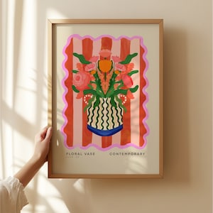 Jarrón floral a rayas, arte colorido y peculiar dibujado a mano, jarra, arte colorido, impresión artística de colores brillantes, impresión de arte moderno, pared de galería,