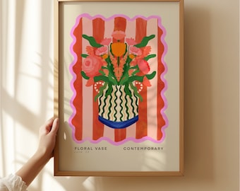 Striped Floral Vase Art Print: Quirky Colorful Wall Art