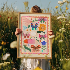 Impression de papillons et de fleurs / Illustration de fleurs / Écologique / Art pour chambre d'enfant / Chambre d'enfants / Art / Impression / enfants / Fleurs / Couleur pop