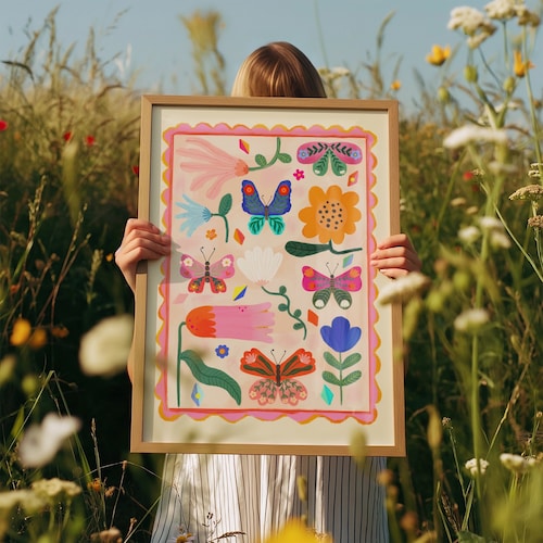 Butterflies and Flowers Print: Colourful Nursery Art by KateFoxDesign