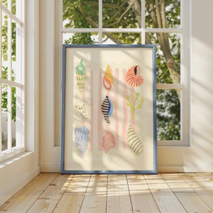 Pettinatura da spiaggia, disegno di conchiglia astratta disegnata a mano, stampa artistica di conchiglia, arte massimalista, decorazioni per la casa colorate, casa rosa, arte del bagno