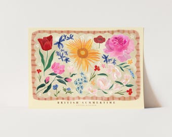 British Summertime Landscape Floral Art Print: Hand Drawn Colorful Flowers