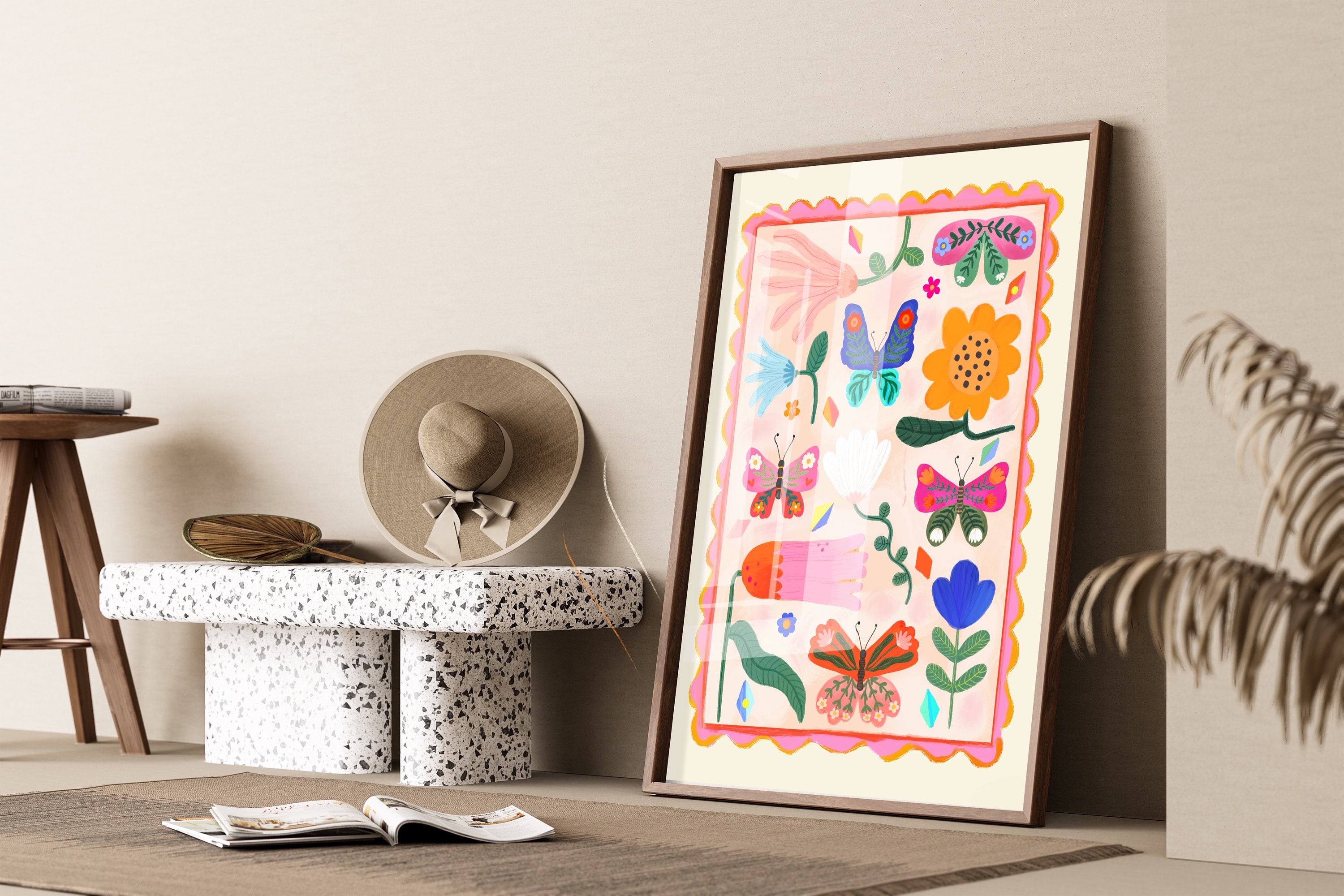 Butterflies and Flowers Print / Flower illustration / Eco / Nursery Art / Kids Room / Art / Print / kids / Flowers / Colour Pop