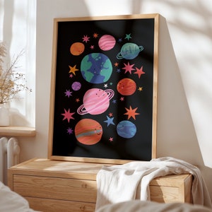 Lámina artística de planetas coloridos: decoración de habitación infantil y guardería espacial