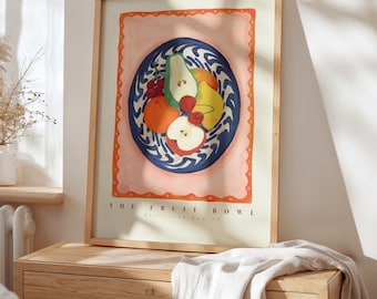 Fruit Bowl Blue, Hand Drawn Fruit Bowl Drawing, Fruit Art Print, Maximalist Art, Colourful Home Decor, modern Home Decor, scandi, print