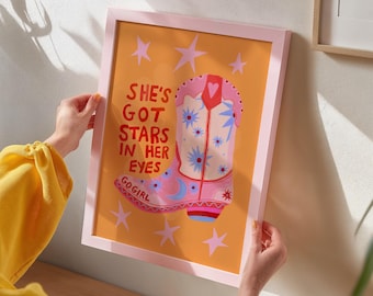 Pink Cowboy Boot Art Print, Stars In Her Eyes, Girls Bedroom Decor