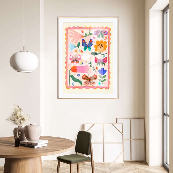 Butterflies and Flowers Print / Flower illustration / Eco / Nursery Art / Kids Room / Art / Print / kids / Flowers / Colour Pop