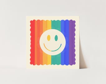 Rainbow Smiley Face Art Print: Dopamine Decor, Maximalist Wall Art