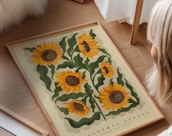 Hand Drawn Sunflowers Art Print, Colourful Botanical Wall Art, KateFoxDesign Summer Provence