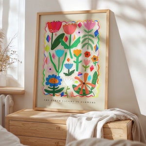 A Terra Ri, Desenho de Flor Abstrata Desenhada à Mão, Impressão de Arte Floral, Impressão de Arte Maximalista, Decoração Colorida para Casa, Decoração Rosa para Casa,