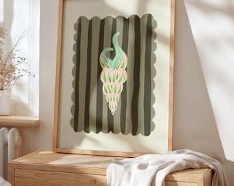 May include: A framed wall art print featuring a central illustration of a pink and green seashell-like form. The design is set against a background of dark olive green vertical stripes with a scalloped edge, all encased in a light wood frame.