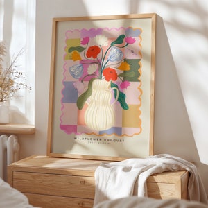 Jarrón de flores silvestres, dibujo de flores abstractas dibujado a mano, impresión de arte floral, impresión de arte maximalista, decoración colorida del hogar, decoración del hogar rosa, floral
