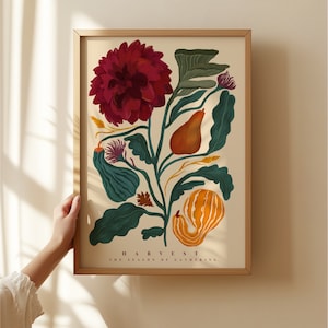 Ernte, Ernte, Hand gezeichnete abstrakte Blumen Zeichnung, Herbst Wandkunst, Floral Kunstdruck, Maximalist Art, Bunte Wohnkultur, Herbst Haus, Floral,