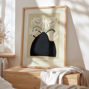 Jarrón azul con flores blancas, arte colorido y peculiar dibujado a mano, jarra, arte colorido, impresión artística de colores brillantes, impresión artística moderna, pared de galería,