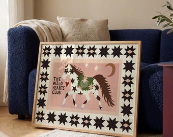 Stampa artistica da parete del Wild Hearts Club con cavalli: disegno realizzato a mano.