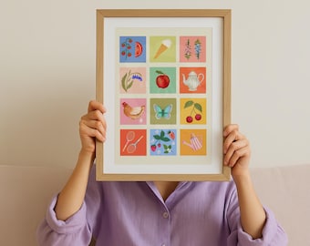 English Country Garden Art Print: Colourful Handrawn Illustration, Bedroom, Colourful