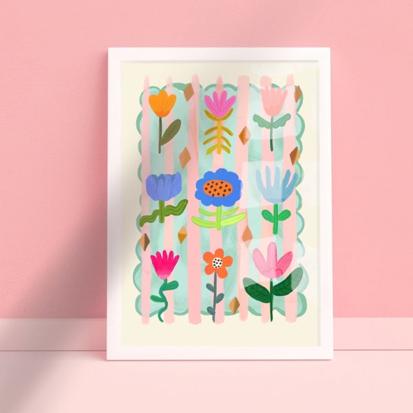 Imprimé fleuri pour enfants / Illustration de fleurs / Écologique / Art pour chambre d'enfant / Chambre d'enfants / Art mural / Impression / Cadeaux pour elle / Enfants / Fleurs / Couleur pop / Lumineux