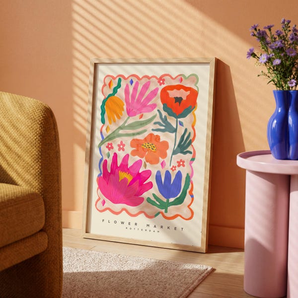 Print Bloemenmarkt Rotterdam: abstracte bloemsierkunst, kleurrijk woondecoratie