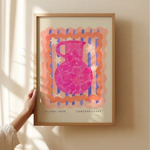 Impresión artística de jarrón rosa, arte colorido y peculiar dibujado a mano, jarrón floral, arte colorido, impresión artística de colores brillantes, impresión de arte moderno, pared de galería,