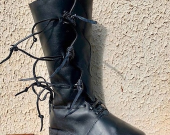 Medieval Boots,High Leather Boots "Forest"; Black leather shoes with lacing, All size