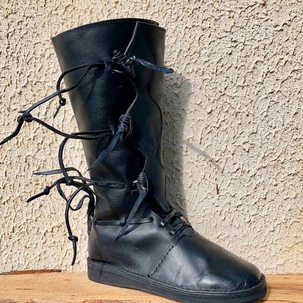 Medieval Boots,High Leather Boots "Forest"; Black leather shoes with lacing, All size