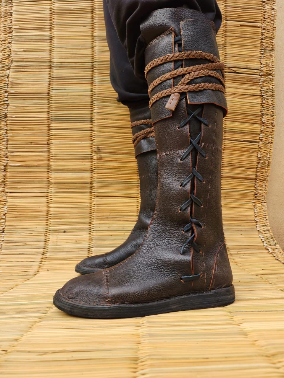 Viking Leather Boots Three-buckle-up Boots Norse-inspired Footwear Costume Shoe
