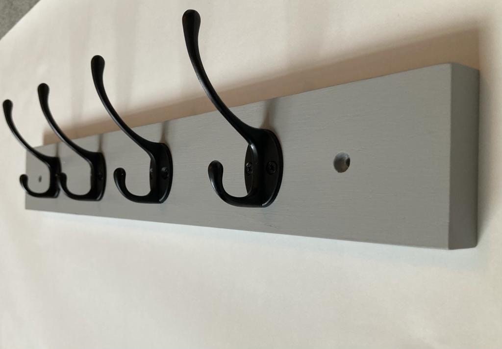 Grey Solid Oak Coat Rack with black steel hooks handmade wall Etsy
