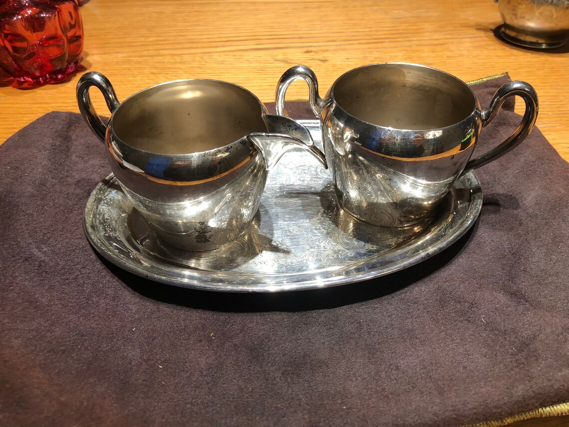 Academy Silver on Copper Sugar and Creamer Set with Small Tray Etsy